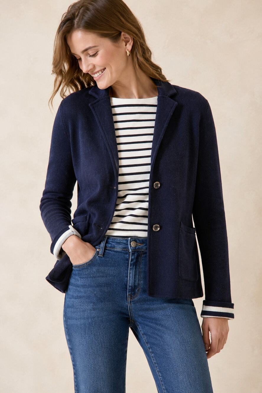 J. Crew XS Navy Wool Sweater Blazer Nautical Stripe Lined Knit Jacket Preppy